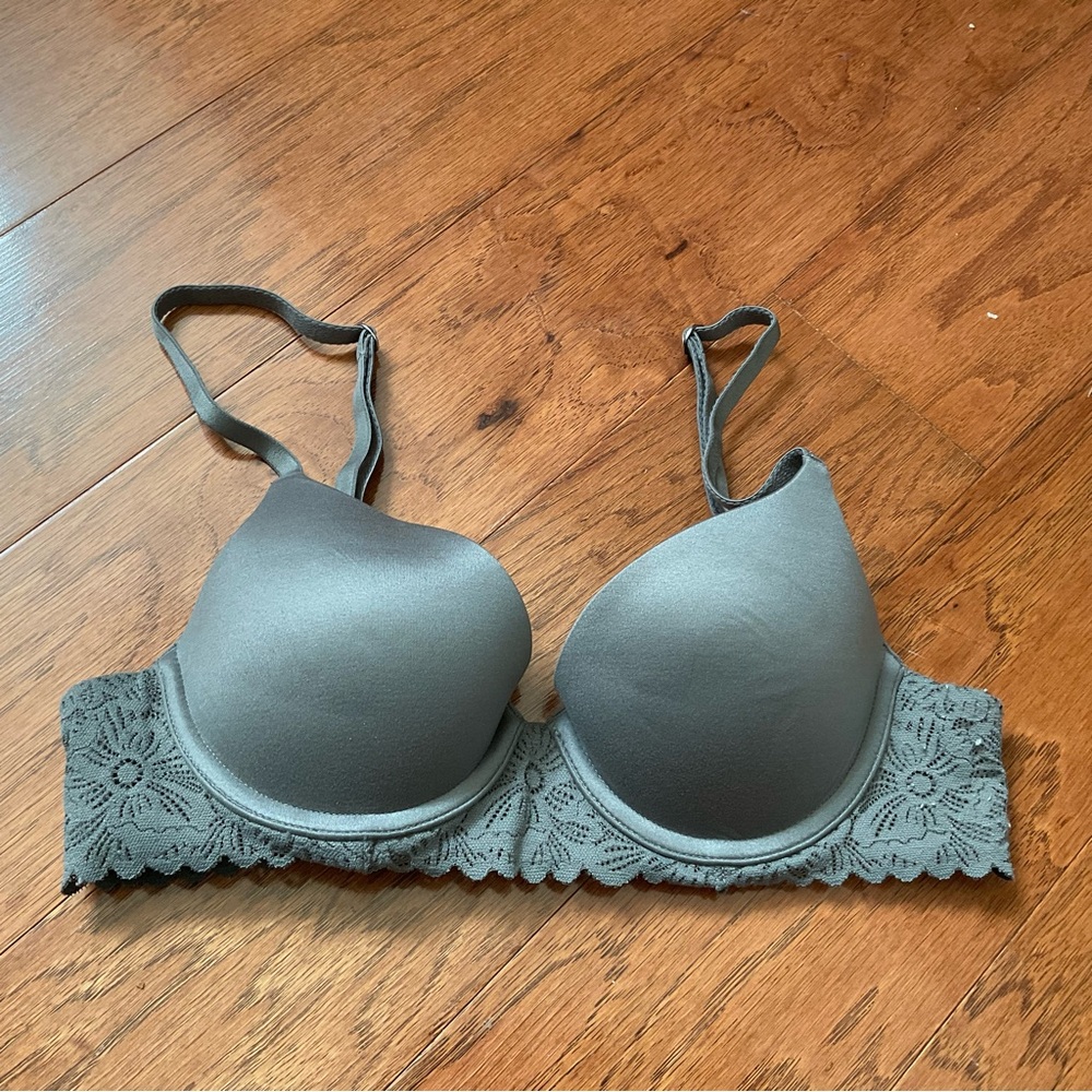 Aerie Real Sunnie Demi Grey Floral Embroidery Bra Size 32B